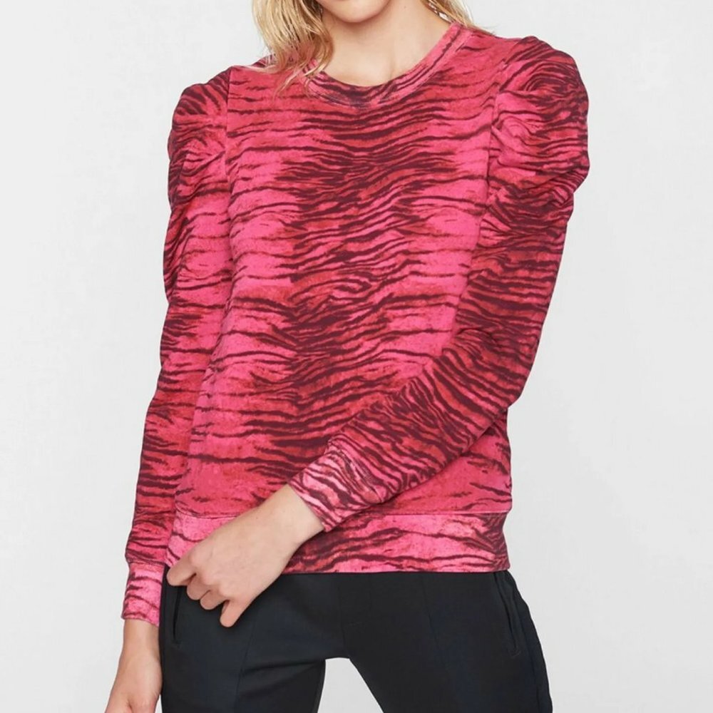 NWT Pam & Gela | Tiger-Print Puff-Sleeve Sweatshirt 100% Pink Size Small - Picture 2 of 7